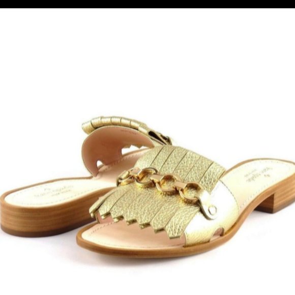 Kate Spade Brie Gold Leather Kiltie Slide Sandals in Metallic size 6.5 - Picture 2 of 10